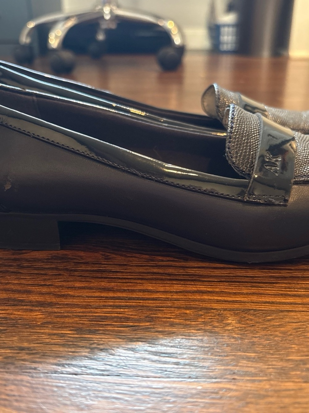 Anne Klein Navy Textured Patent-Trim Loafers - Picture 5 of 7